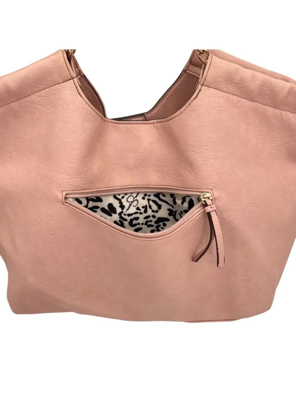Jessica Simpson Blush Pink Tote Bag With Gold Chain Detail Leopard Print Lining - Picture 5 of 16